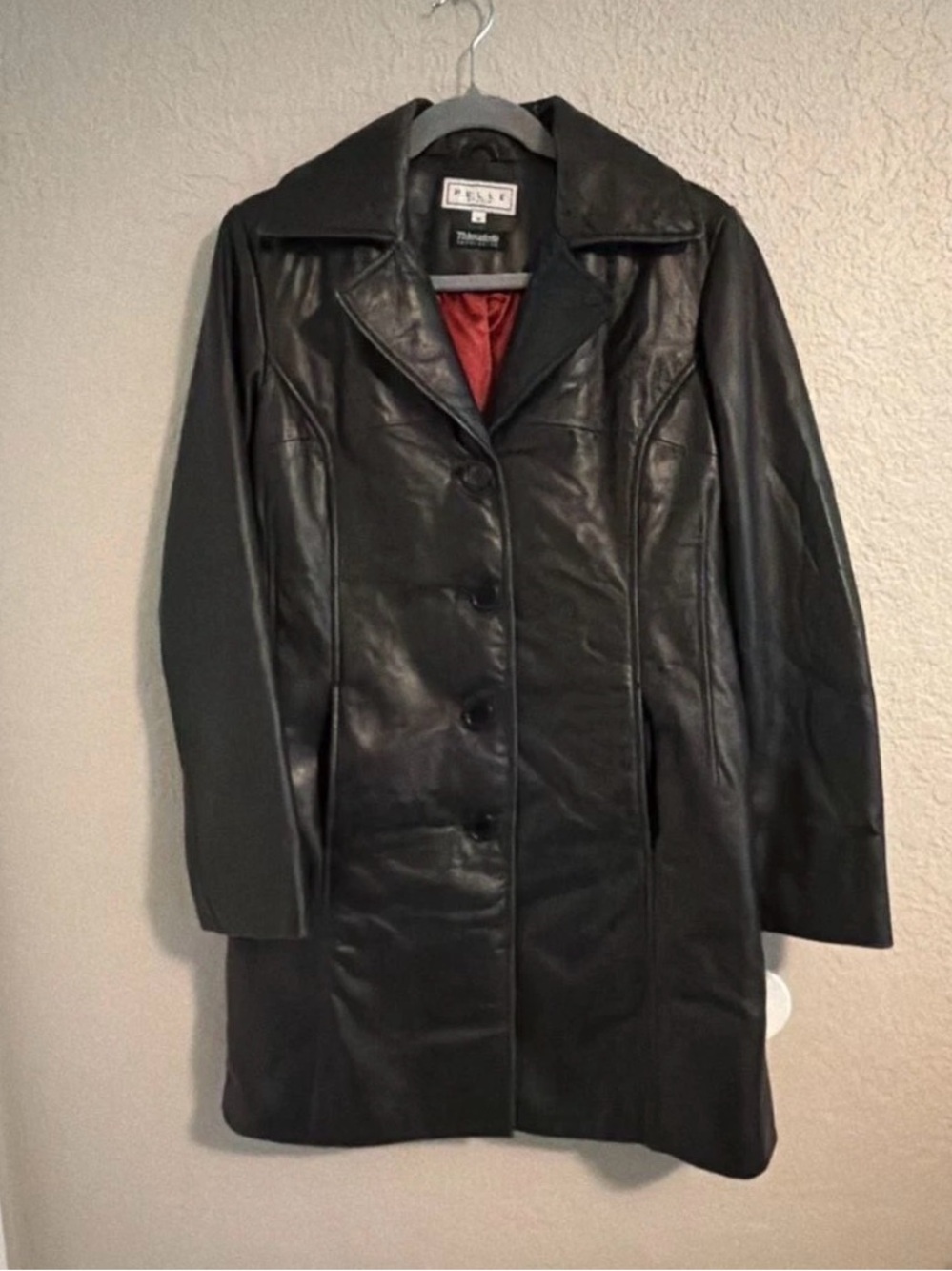 Pelle Studio by Wilson’s Leather Black Leather Button-Front Coat with Red Lining